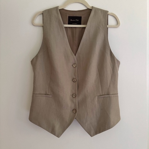 Massimo Dutti Linen V Neck Waistcoat Vest Taupe Beige Brown Size L - Picture 3 of 7
